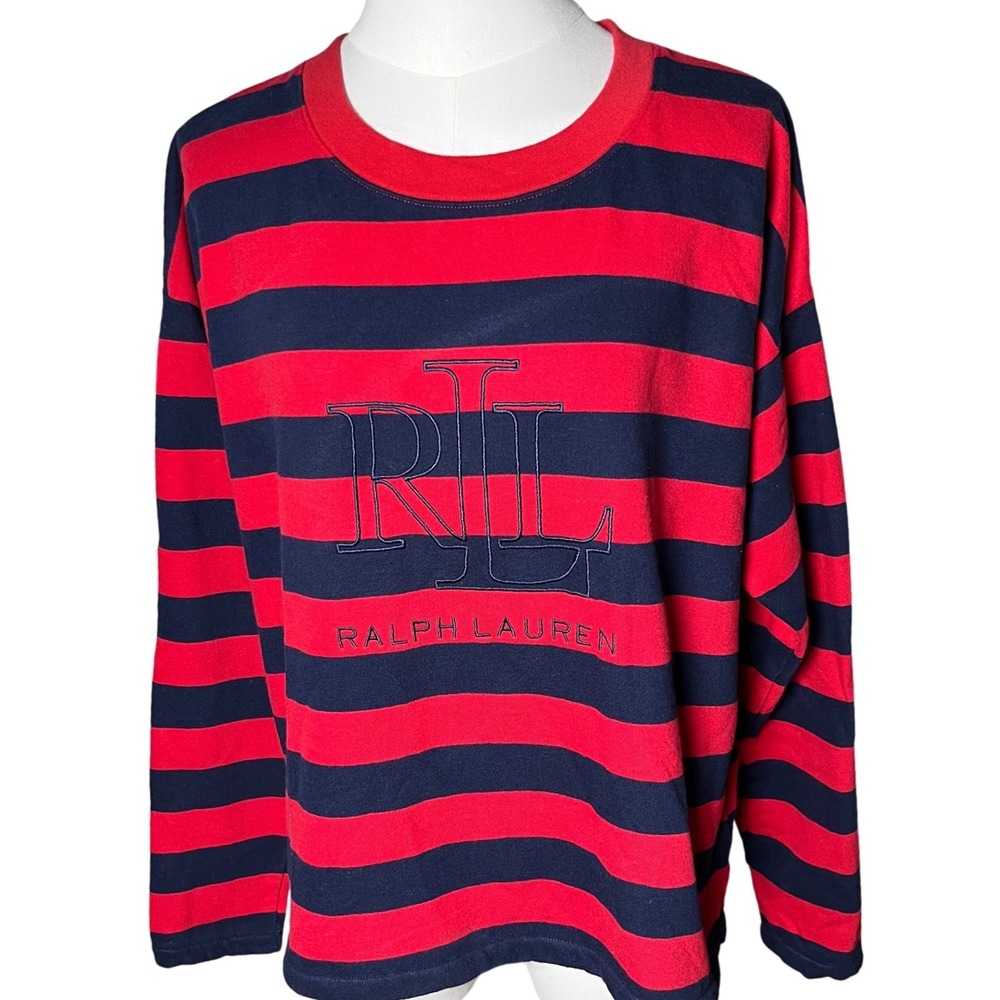 Preppy Red Navy‎ Striped Logo Long Sleeve Top Lauren Ralph Lauren Womens